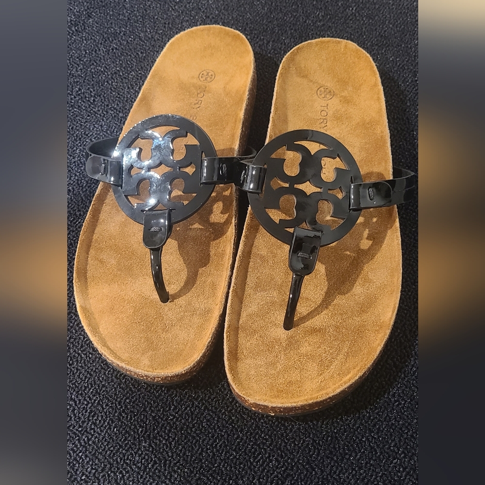Tory Burch Miller Cloud Black Patent Leather Cork Size 9.5